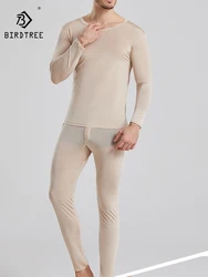 BirdTree, 100%Real Silk Thin Underwear, Men Long Sleeve O Neck Solid, Simplicity Bottom Clothes, 2024 Autumn Winter P48043QC