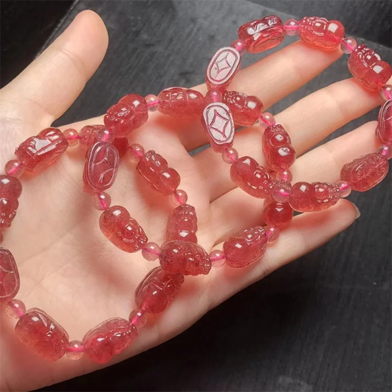 

Natural Strawberry Quartz Pixiu Bracelet Fashion Gemstone Crystal Jewelry Bangle For Women Healing Bohemia Holiday Gift 1pcs