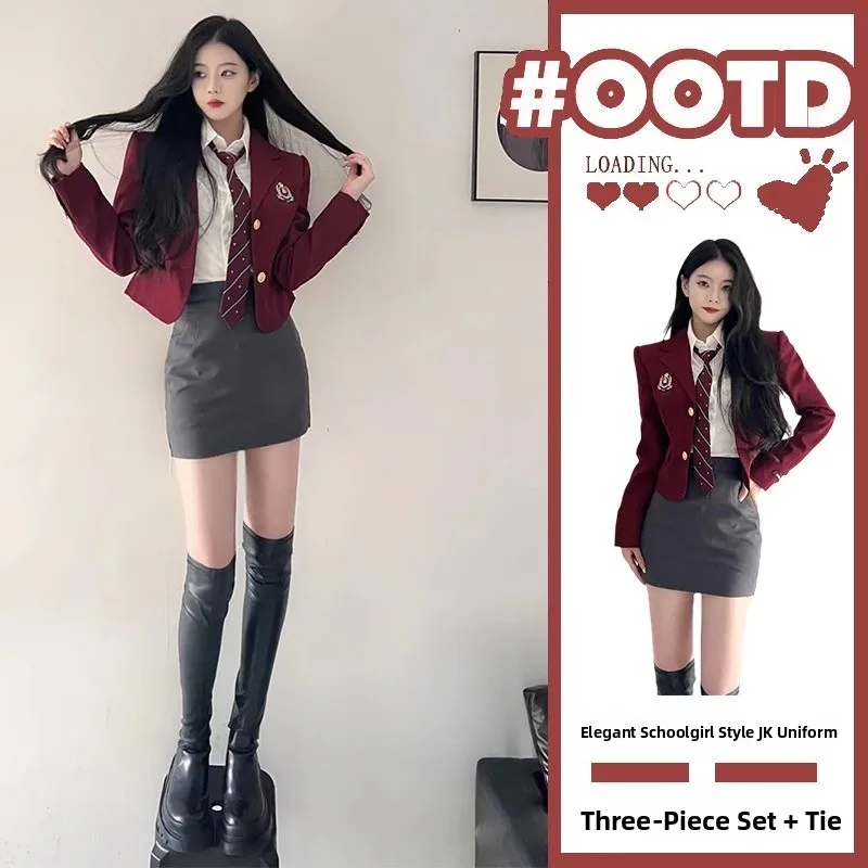 Amerykański styl College Sle JK orm Zestaw Damski Spódnica z Wysokim Stanem Dwuczęściowy Garnitur Spicy Girl Modny Ele Sensation