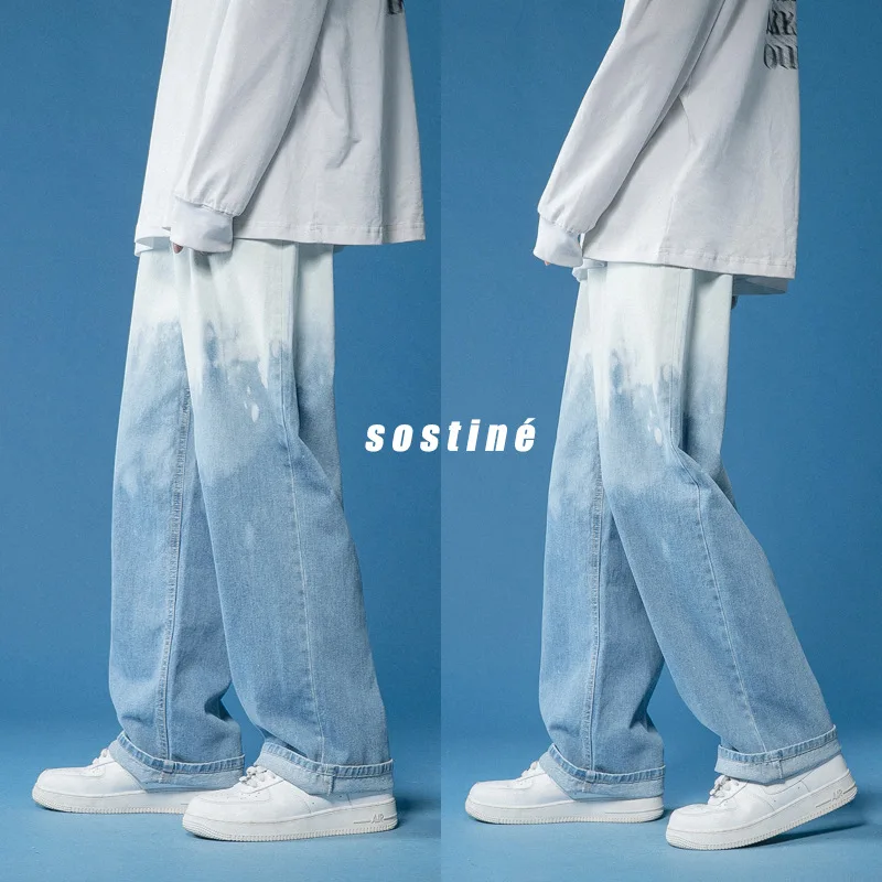 Gradient Jeans Men Tie Dye Wide Leg Pants Casual Straight Jeans Mens Denim Hip Hop Pants Baggy Jeans Unisex Boyfriend Jeans