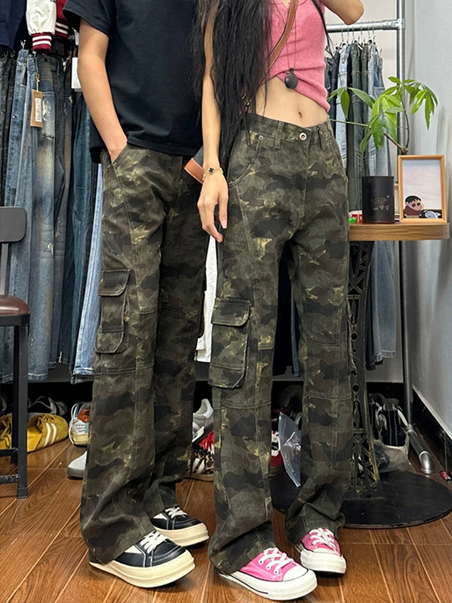 

Камуфляжные джинсы American Vibe для мужчин и женщин, военно-зеленые тактические рабочие брюки, джинсы с эффектом удлинения ног, прямые джинсы