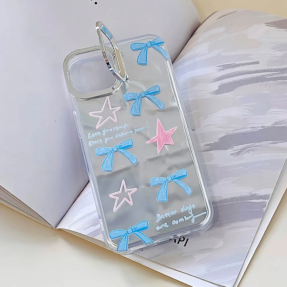 Модный чехол со звездами, бантом, граффити, гальваническим покрытием, серебристые складки, чехол для телефона iPhone 14 13 11 Pro 12 15 Pro Max, крышка кронштейна объектива