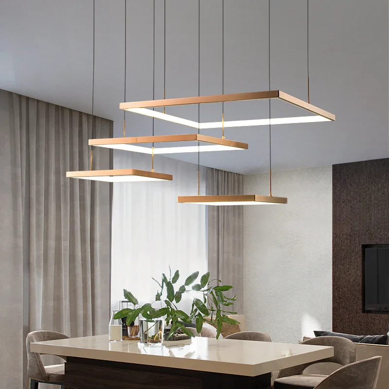 Modern Rose Gold Geometry Square Led Chandeliers Lighting Living Dining Room Decor Pendant Lights Kitchen Hanging Lamp Luminaire