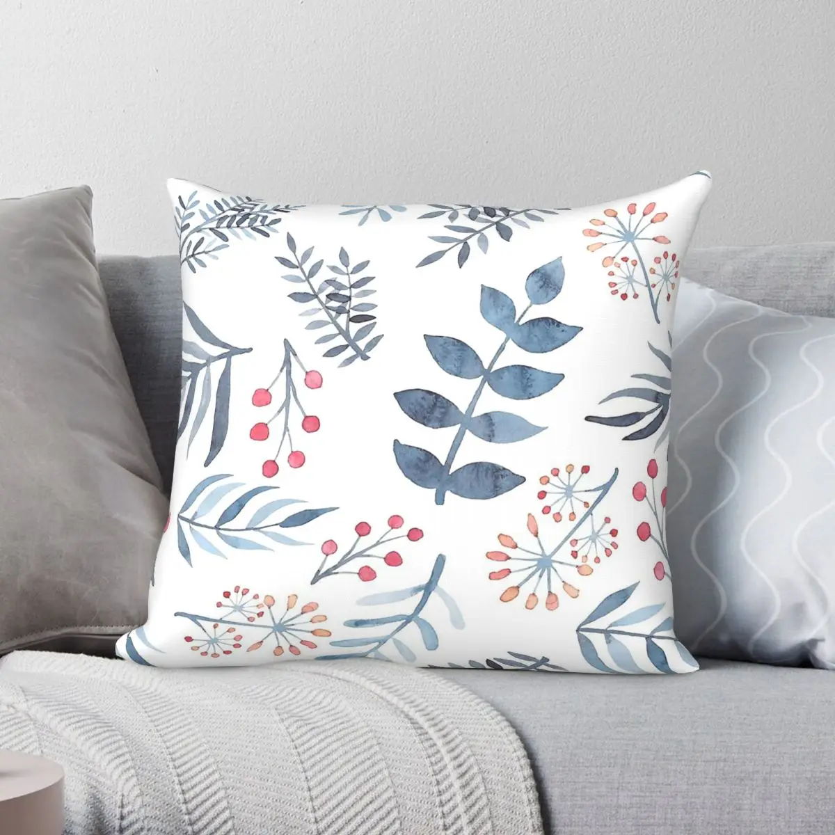 Leaves Blue Pink Berries Square Pillowcase Polyester Linen Velvet Printed Zip Decorative Pillow Case Home Cushion Cover