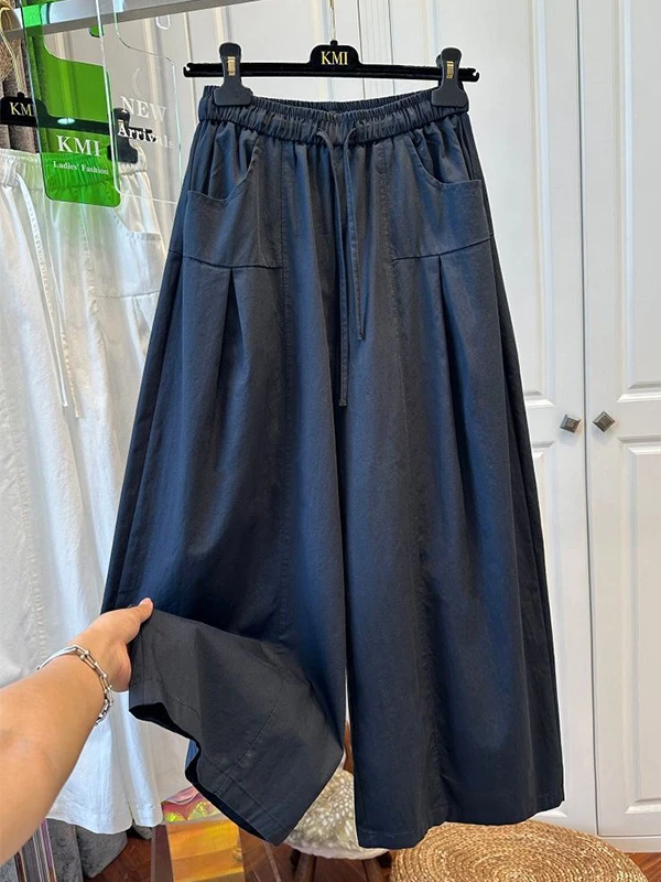 

plus Size Casual Wide Leg Pants Women's Loose Fit Drawstring Summer Thin Straight Cut Trousers High Waist Straight Tube Pants