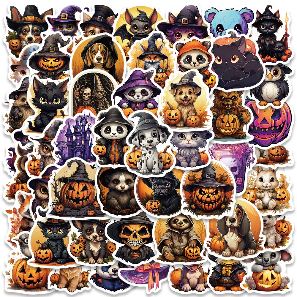 50 Stück Halloween-Aufkleber, Retro-Horror-Skelett-Aufkleber, niedlicher Geister-Fledermaus-Kürbis-Schädel für Partygeschenke, wasserfeste Vinyl-Aufkleber