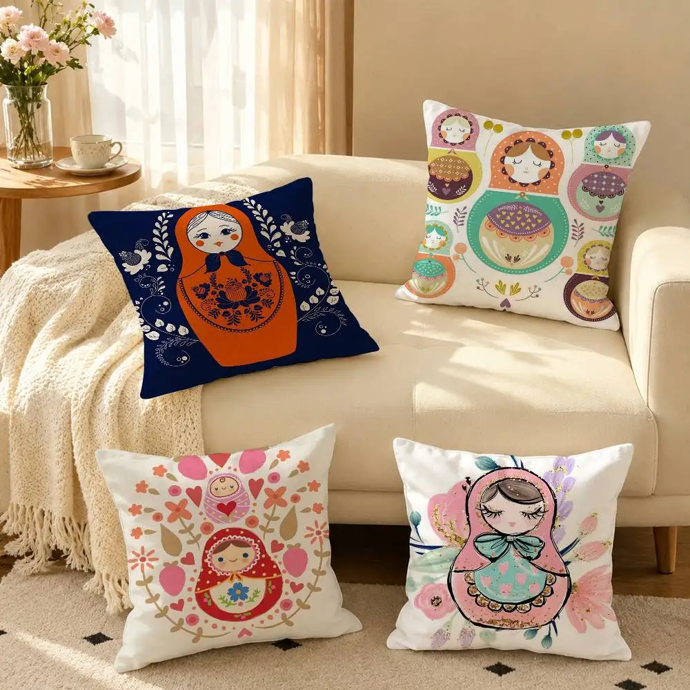 Cute R-Russian Doll Matryoshka  Pillow Case Square Double-Sided Sofa Cushion Cover Bedroom Bedside Pillow
