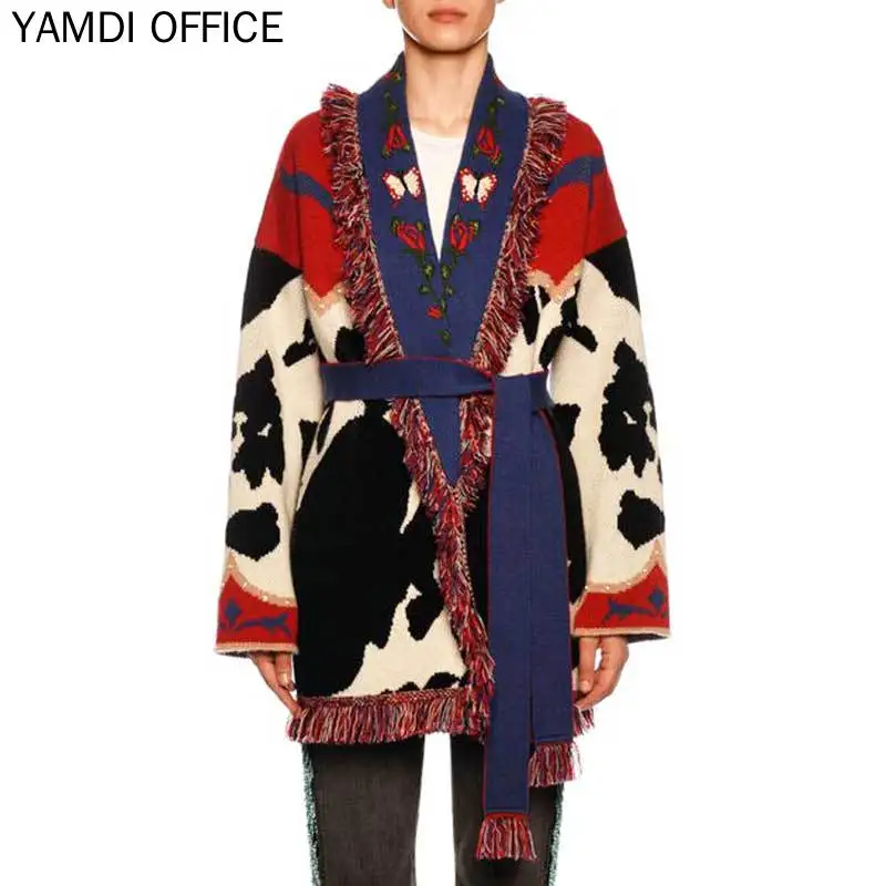 Boho Woman Sweater Print Floral Turn-down Collar 2021 Winter Clothing Patchwork Thick Knitted Tassel Embroidery Cardigan Coat