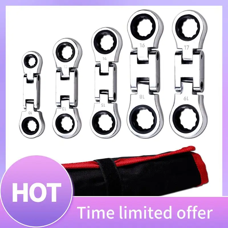 

B69C 5-Piece Stubby Flex-Head Ratcheting Wrench Set Metric Combination SAE 72-Teeth, CRV, Nickel Plating With Rolling Pouch