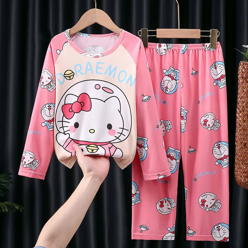 Hello Kitty Childrens Pajama Set Long Sleeved Casual Boys Girls Home Clothing Sets Comfortable Soft Warm Sleepwear Autumn Winter