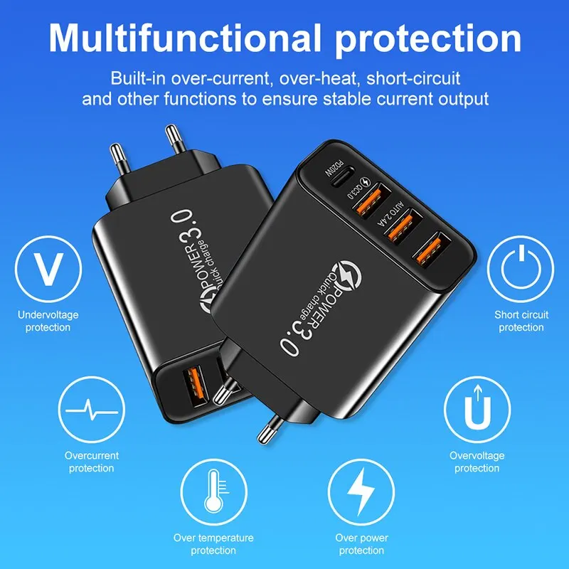 New Fast Charging US Standard Euro Standard Charger 3USB Type C Mobile Phone Travel Charger Universal Adapter