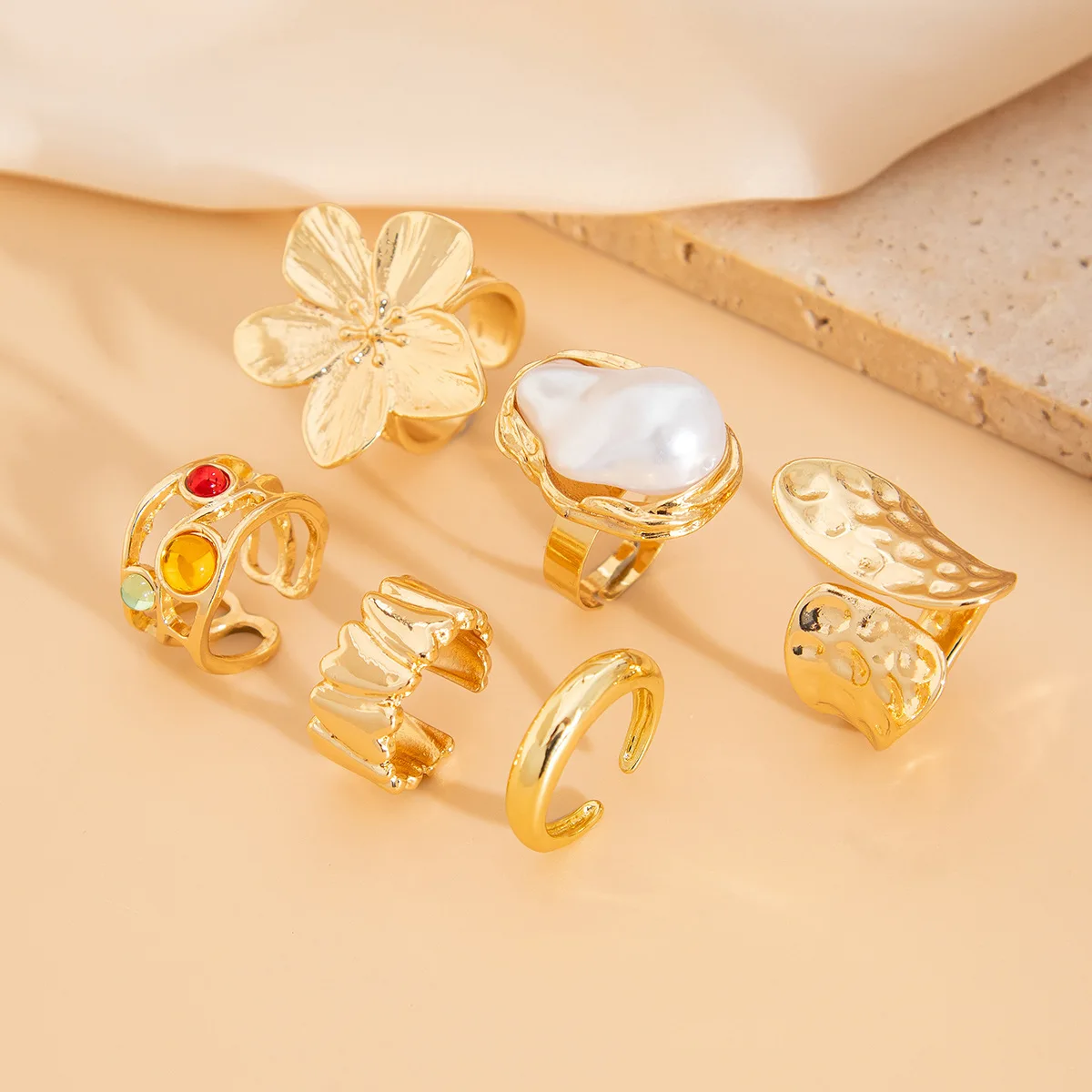 مجموعة مكونة من 6 قطع من خواتم اللؤلؤ والأحجار الكريمة الملونة المخصصة على الموضة اللامعة، مجوهرات يومية للنساء #4