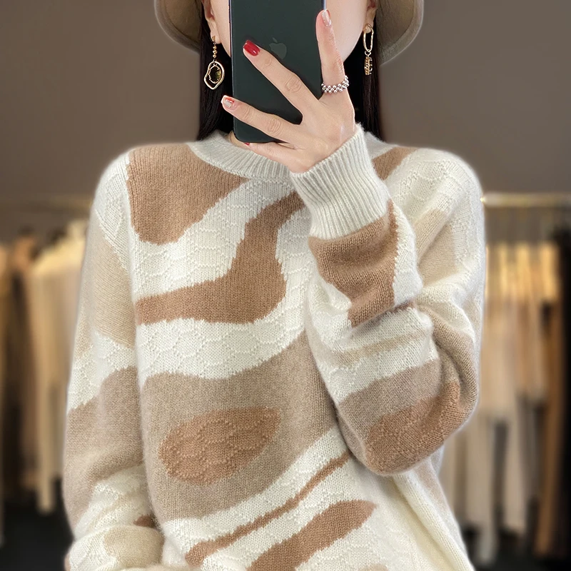 100% Pure Cashmere Sweater Women's Crewneck Thick Matching Color Long-sleeved Knitted Sweater Loose Lazy Wind Wool Base Top