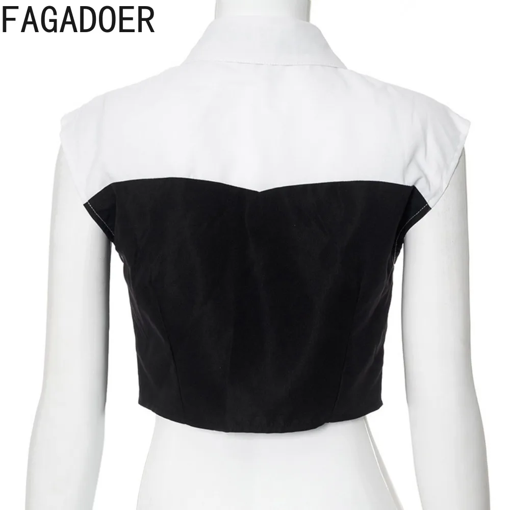 FAGADOER Black White Fashion Color Stitching Slim Crop Top Women Turndown Collar Button Sleeveless Shirts Female Clothing 2024