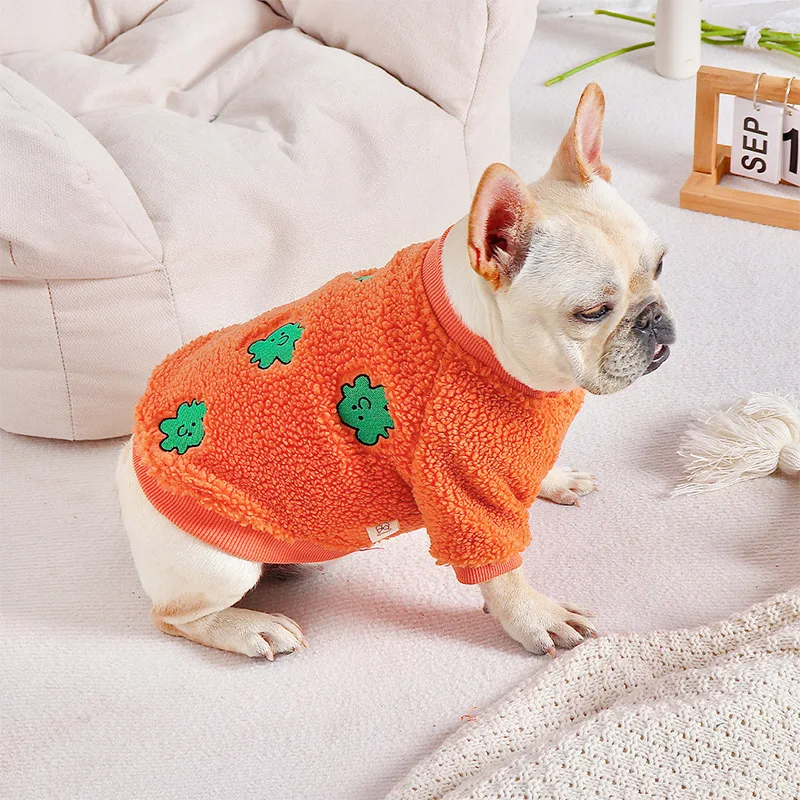 Dog Clothes Orange Embroidered Sweater Puppy Clothes Cotton Cute Clothes Winter Fleece Coat Thickened Warm Pet Clothing Durable