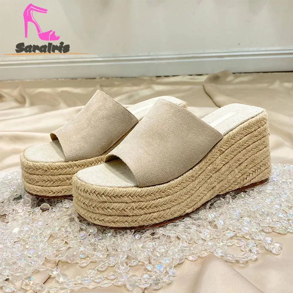 Rope Sole Chunky Wedge Slippers For Women Summer 2023 Hot Fashion Ladies Strap Straw Comfy Walking Sandal Slippers Plus Size