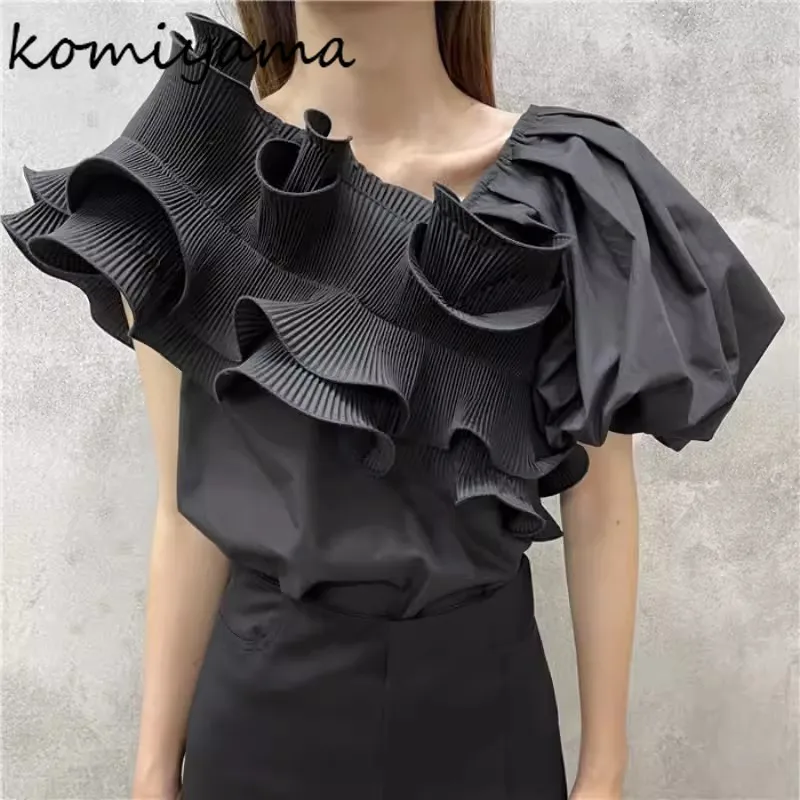 Irregular Ruffles Shirts Blouses Feminino Sexy Skew Collar Blusas Mujer Puff Short Sleeve Shirt Tops Summer Clothes Women