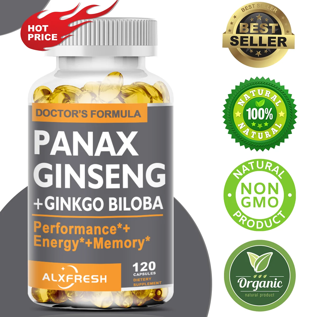 Alxfresh Korean Red Panax Ginseng Ginkgo Biloba Zinc Ashwagandha Capsules | Non-GMO Vegan | Nutrition Supplement