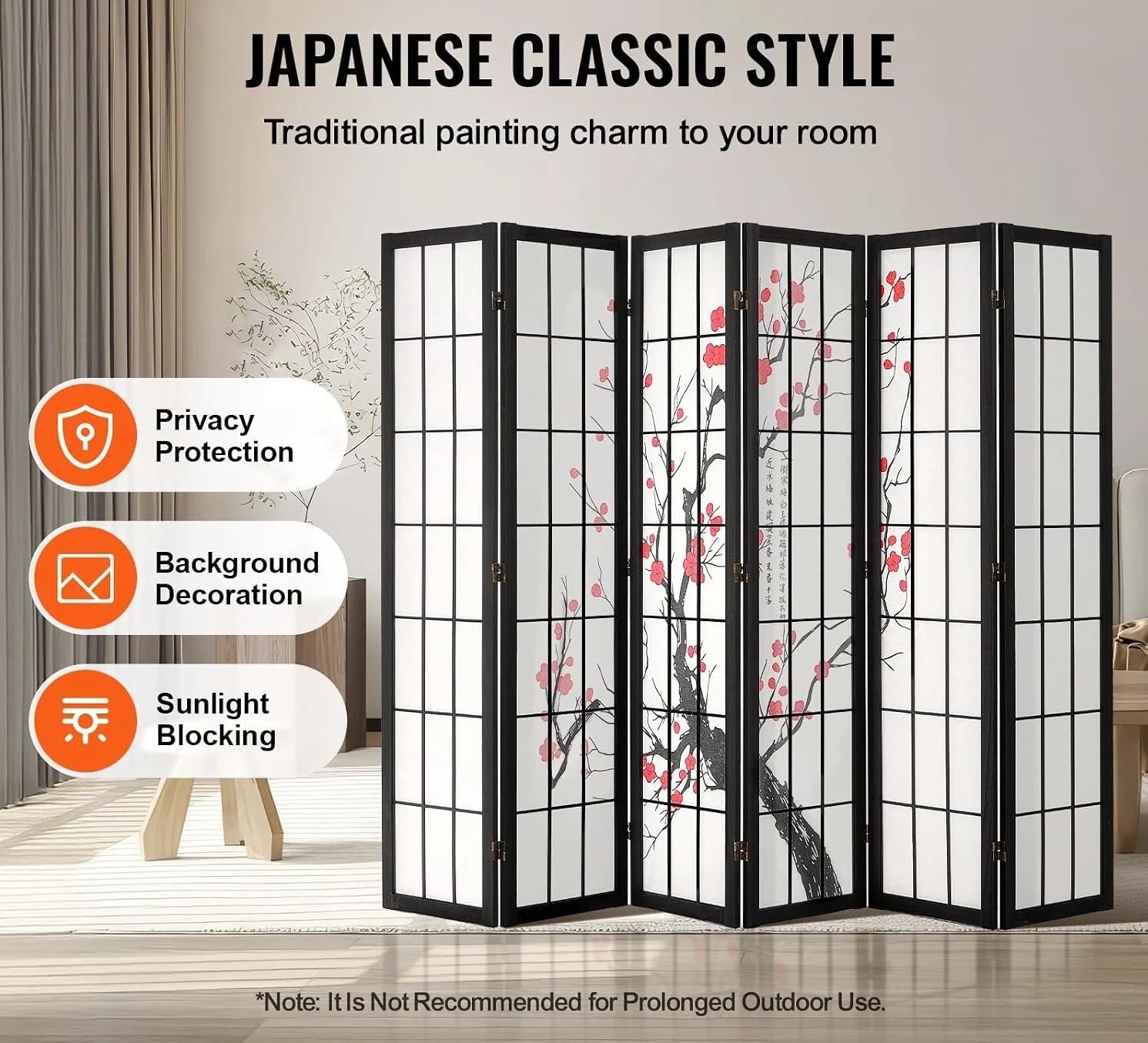 Foldable Japanese Wood Room Divider Privacy Screen, 6 Panel Portable Partition Wall Panel For Home Office And Bedroom, Freestanding Symmetrical Grid Space Separator, Zen Style Natural Finish