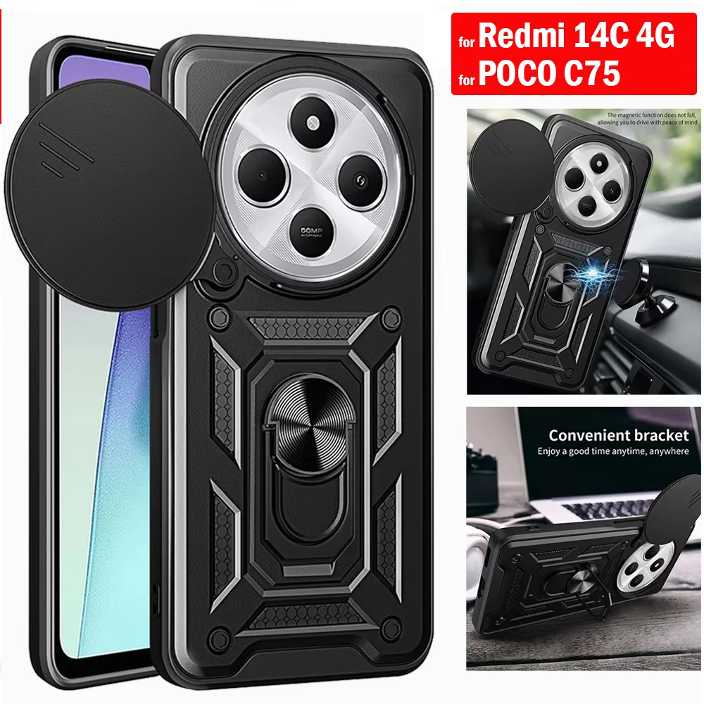 Armor Funda dla Xiaomi 14 Ultra Redmi A4 14C 4G POCO C75 Etui Slide Camera Ring Stand Protection Cover dla Xiaomi 14 Ultra Capa