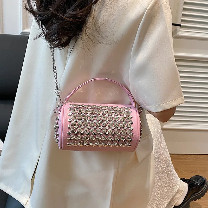 New Women\'s Bag Cylinder Handmade Shoulder Bag Water Diamond Versatile One Shoulder Crossbody Pillow Bag