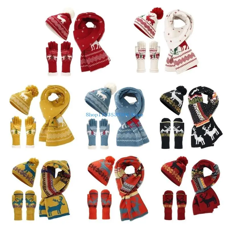 400A Festive Red Hat Scarf Gloves Set with Fleece Lining for Cold Weather Winter