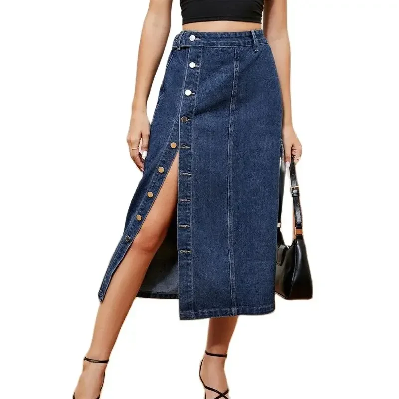 

Side Pocket Single-breasted Splicing Denim Skirt Women High Waist Half-body Dress Female Office Commuter Casual Streetwear 2024