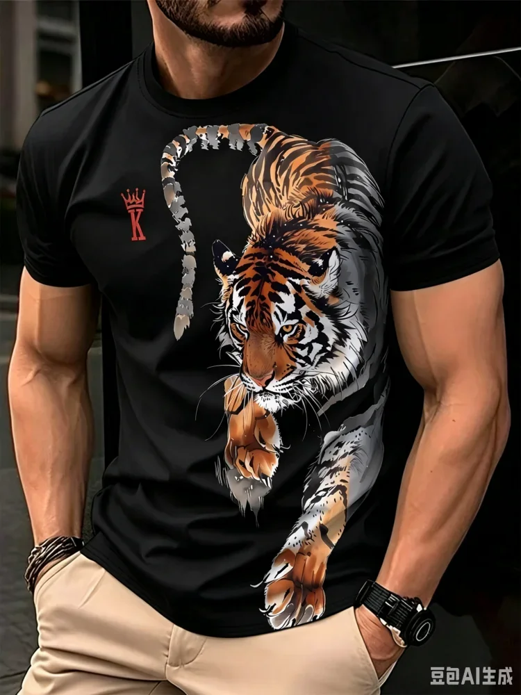 Tiger Print T-Shirt 3D Animal Men's Shirts Summer Short Sleeved Male Pullover Oversized T-shirts Casual Tops Tees Men Clothing