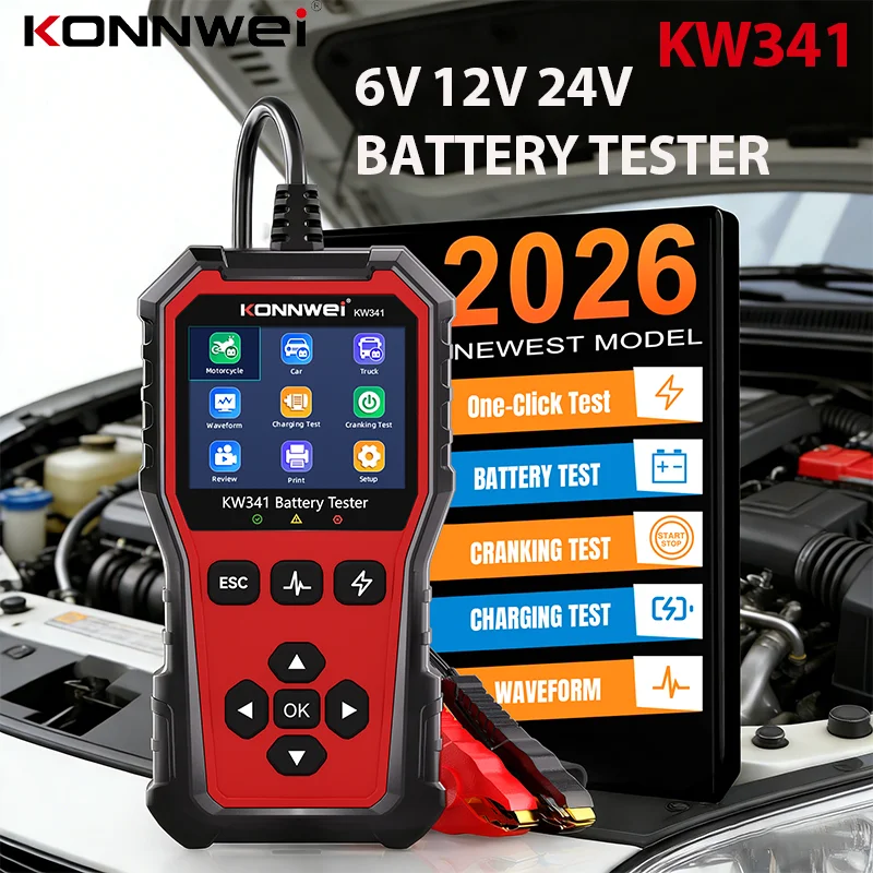 

KONNWEI KW341 Professional Car Moto Battery Tester 6V 12V 24V Fault Data Print Start Voltage Test Car Battery Charging Scan Tool