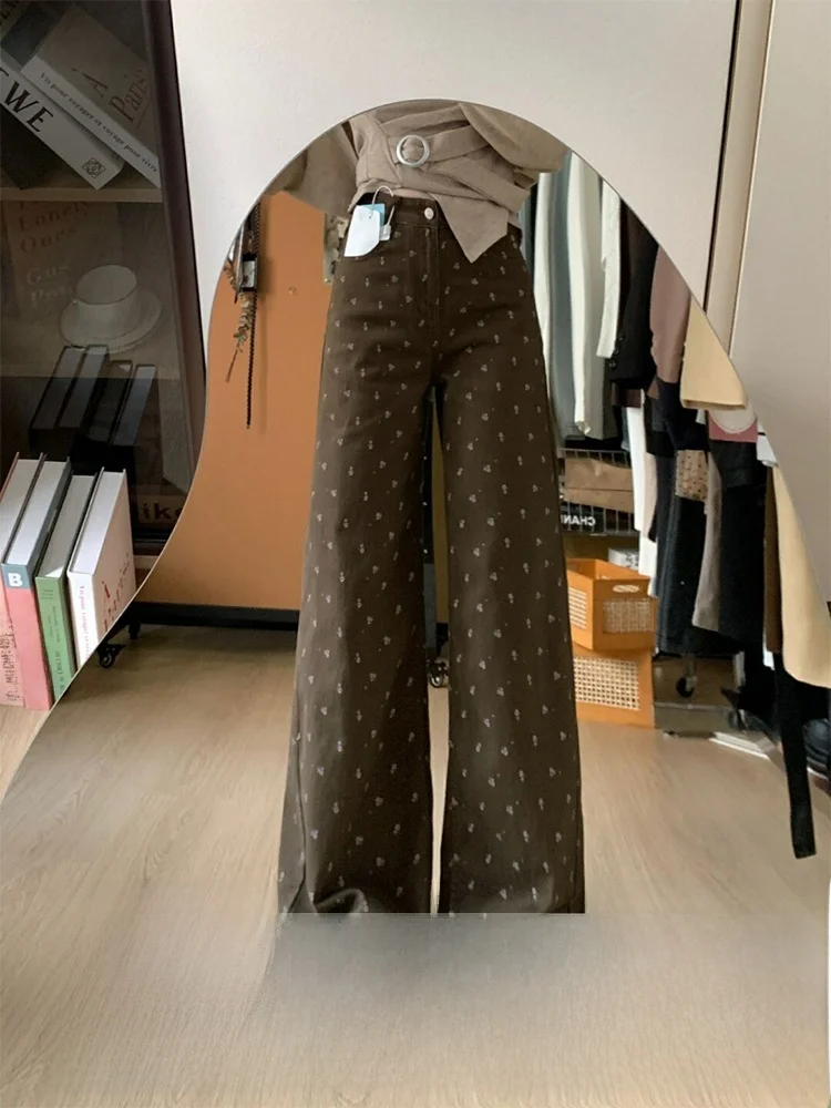 

Джинсы с высокой талией Thiened American Sle с цветочным дизайном, женские осенне-зимние прямые брюки длиной до пола