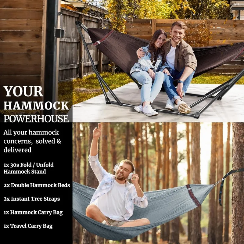 600lb Capacity Double Hammock, Foldable Hammock with Stand for Outside with Extra Portable Hammock, Tree Straps, Carry Bags Set