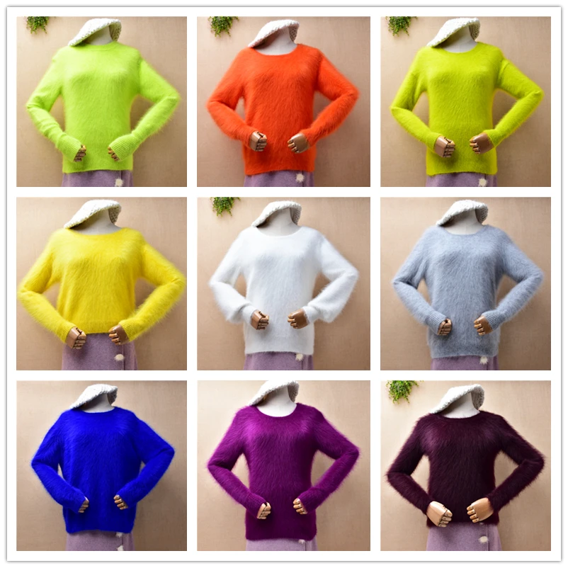 04 Damska odzież jesienno-zimowa Kolorowa owłosiona norka Kaszmir Dzianina O-Neck Długie rękawy Smukłe bluzki Pullover Sweter Pull