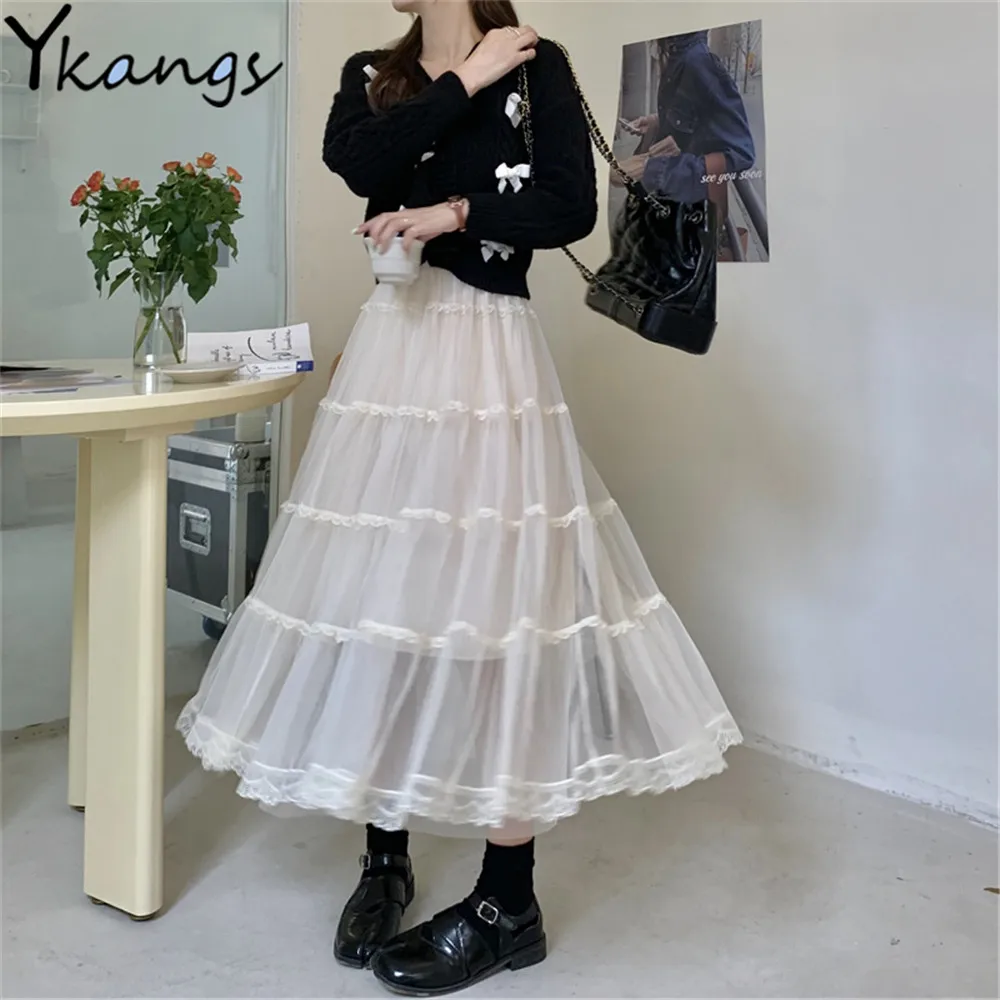 

Kawaii Sweet Mesh Tulle Pleated Skirt Womens Korean Chic Lace Long Ruffle Skirt 2023 Ins Fashion Y2k Jupe Femme Japan Saia Mujer