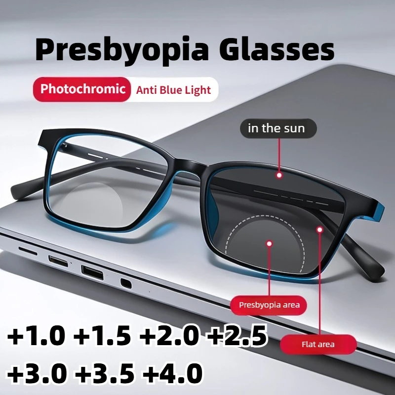

Men's Business Style Photochromic Bifocal Reading Glasses Ultra-lightweight High-definition Anti-blue Light Presbyopia Eyewear