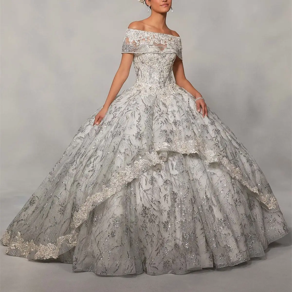 Quinceanera Dress Bandeau Champagne Blue Gray Sequin Lace Ball Three Piece Set Detachable Elegant فساتين للحفلات الراقصة