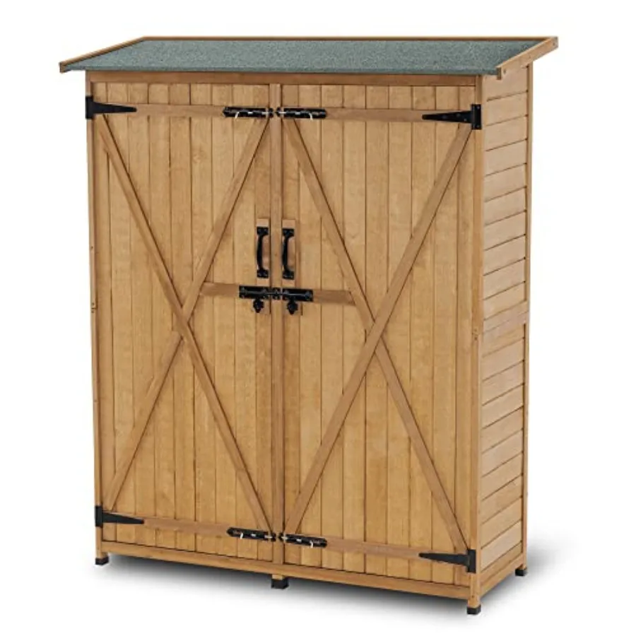 Outdoor storage cabinet with shelves, wood garden shed with floor, outside tool shed with 2 lockable doors for yard patio lawn,