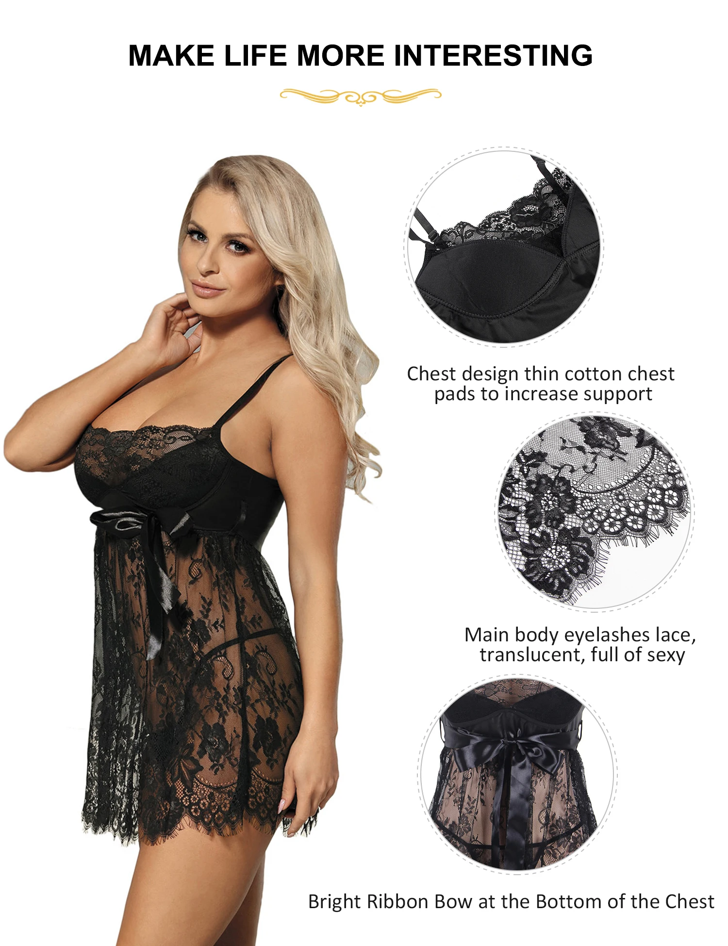 Comeondear Women Sleepwear Eyelash Lace Mesh Nuisette Plus Size Night Dresses Spaghetti Strap Nightgown Sexy Babydoll Lingerie