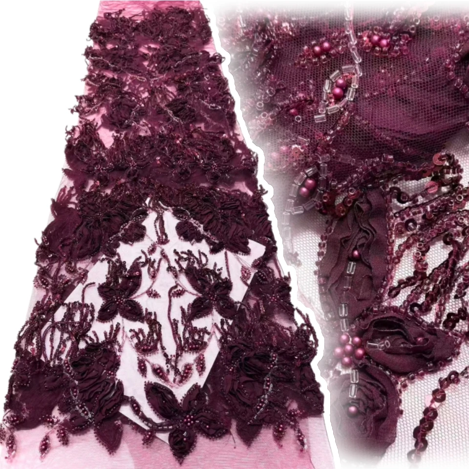 

2026 3D Высокое качество Новое поступление Африканская кружевная ткань ручной работы с бисером Нигерийская кружевная ткань с блестками Женское свадебное платье 5Y AH1825
