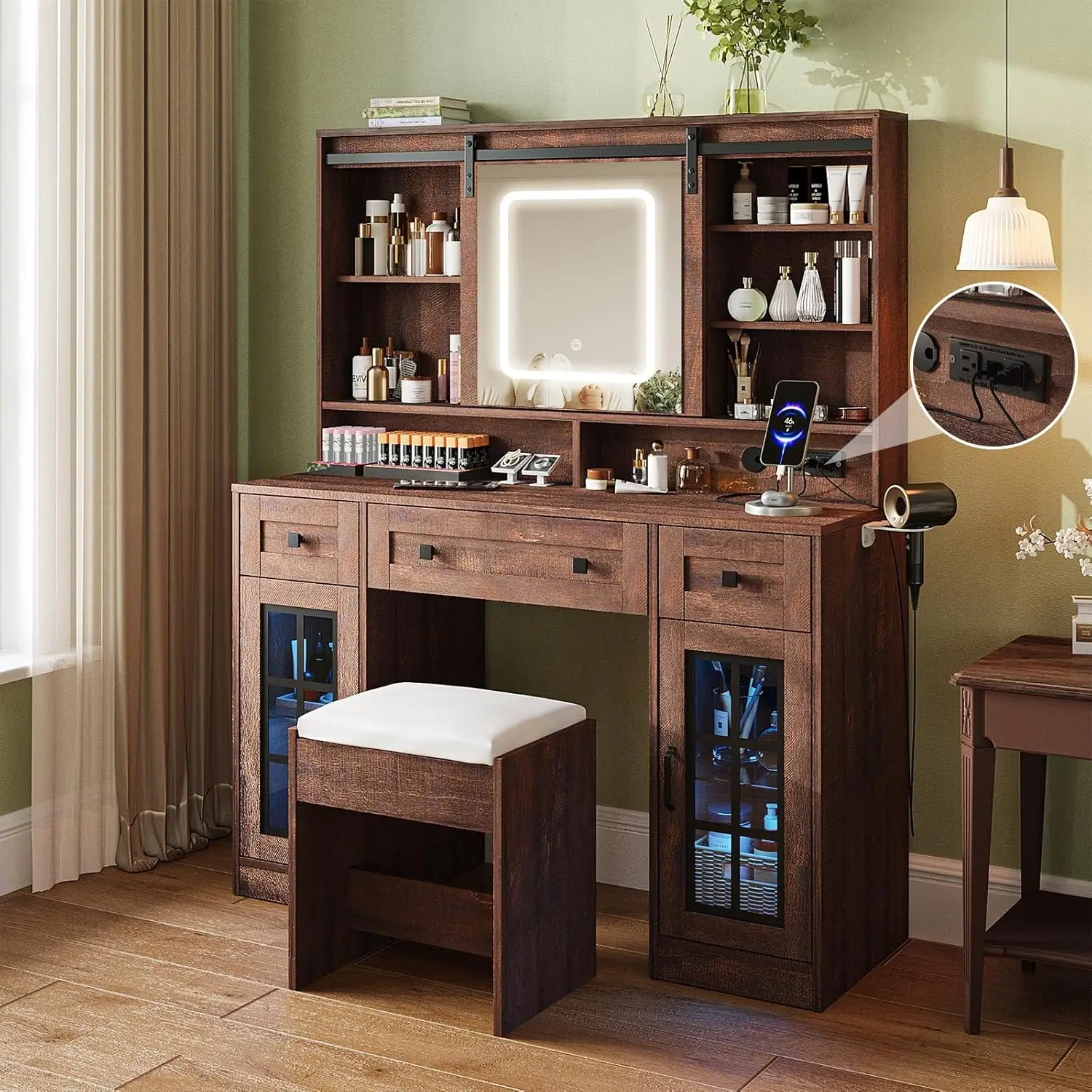 Farmhouse Makeup Vanity Desk with Sliding Mirror, 45.5