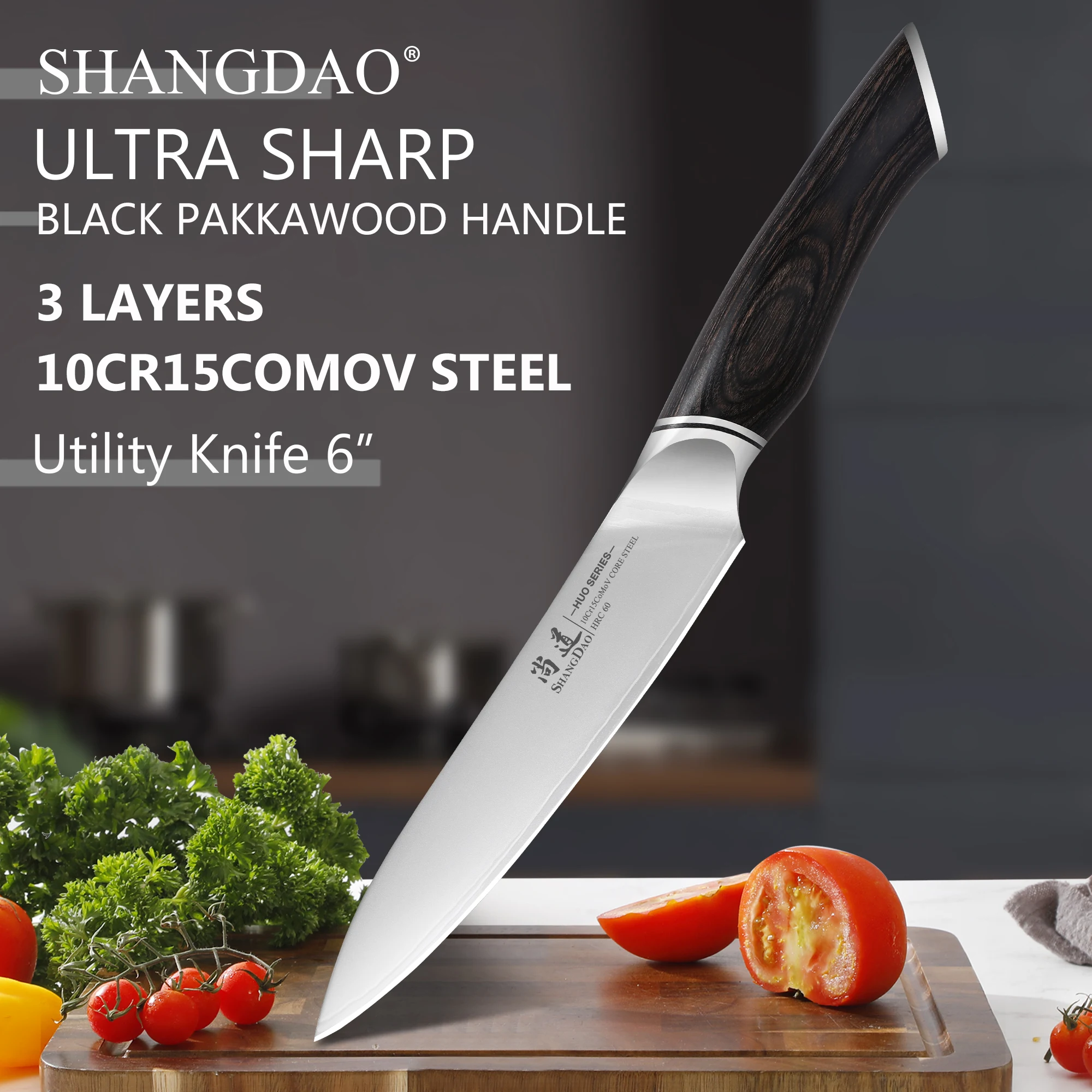 

SHANGDAO 6" Utility Knife, High Carbon 10Cr15CoMoV Core Steel,Professional Kitchen Cutting Fruit and Vegetable &Pakkawood Handle