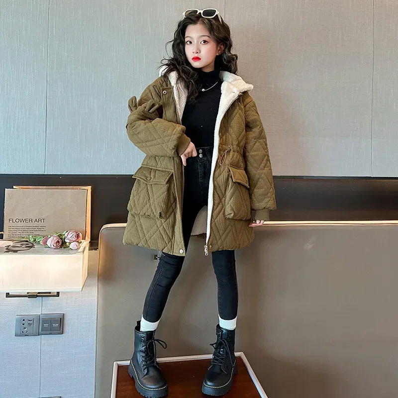 Kids Winter Jacket Girls Hooded Outerwear Children Plus Velvet Parka Teenager Windproof Coat Thick Warm Snowsuit 6 8 10 12 14 Y