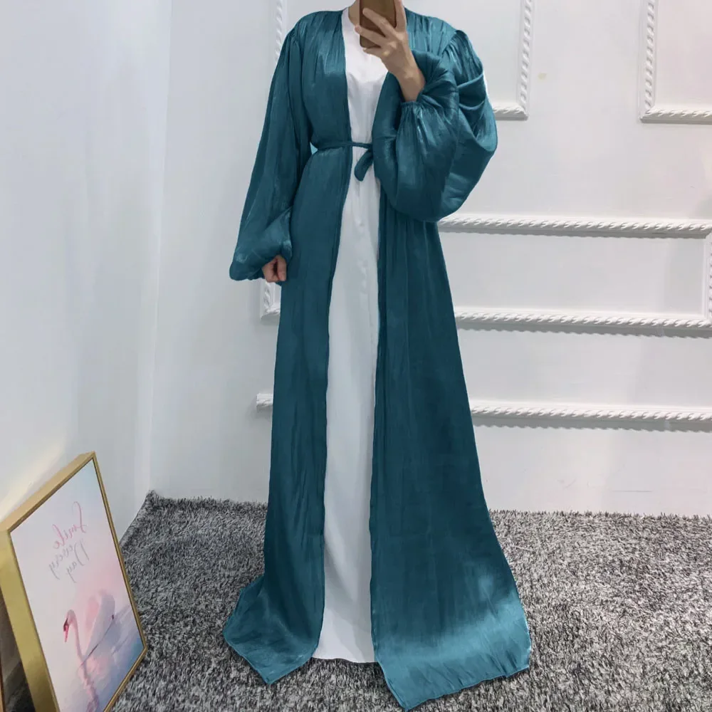 Eid Ramadan Abaya Satin femmes ouvert Kimono Cardigan Maxi Robe caftan dubaï musulman manches bouffantes islamique turquie arabe Robe Robe