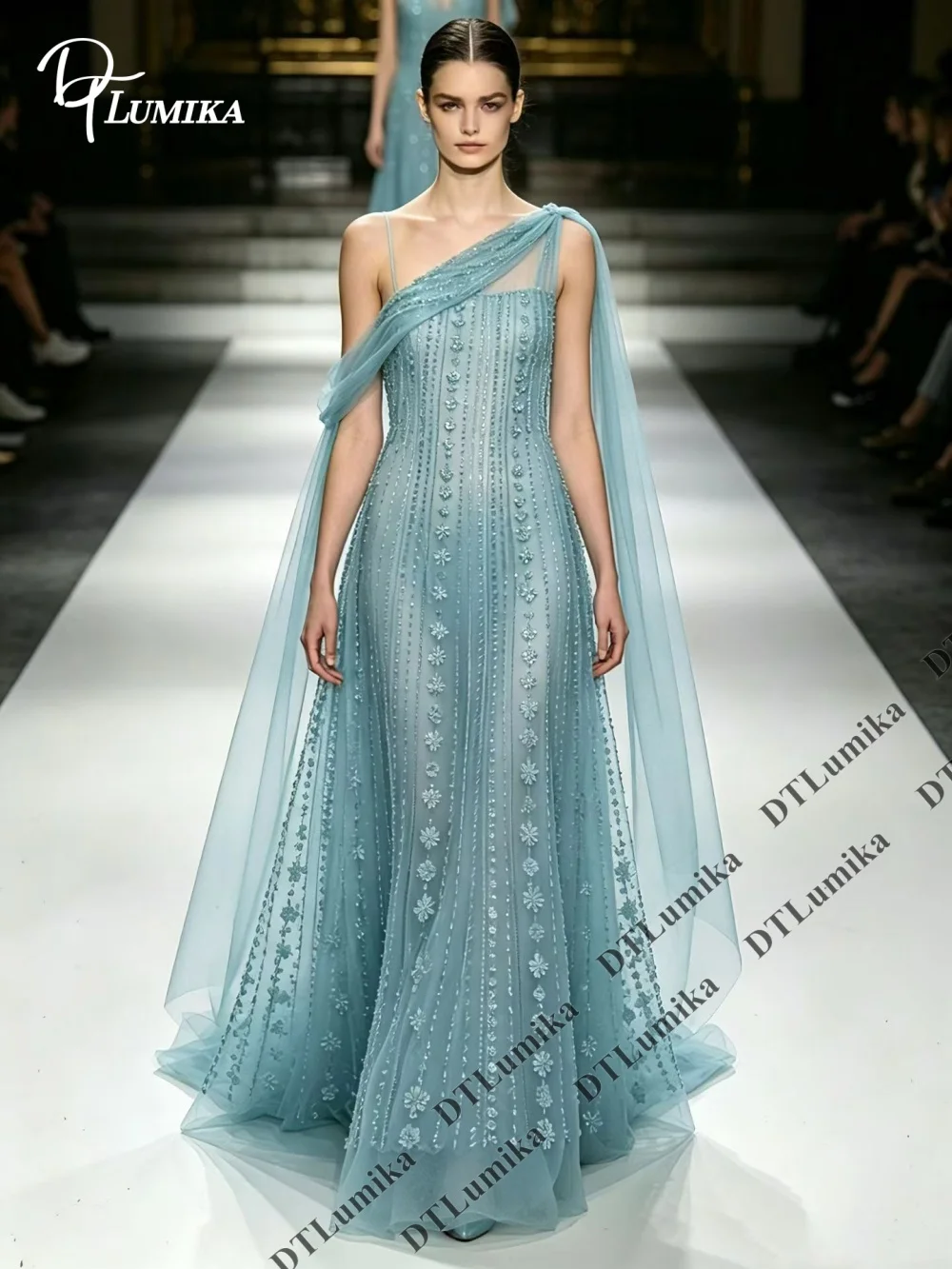 

DTLumika One Shoulder Asymmetric Cape Evening Gown Beaded Embroidery Tulle Customized Long Prom Dress Formal Party Maxi Dress