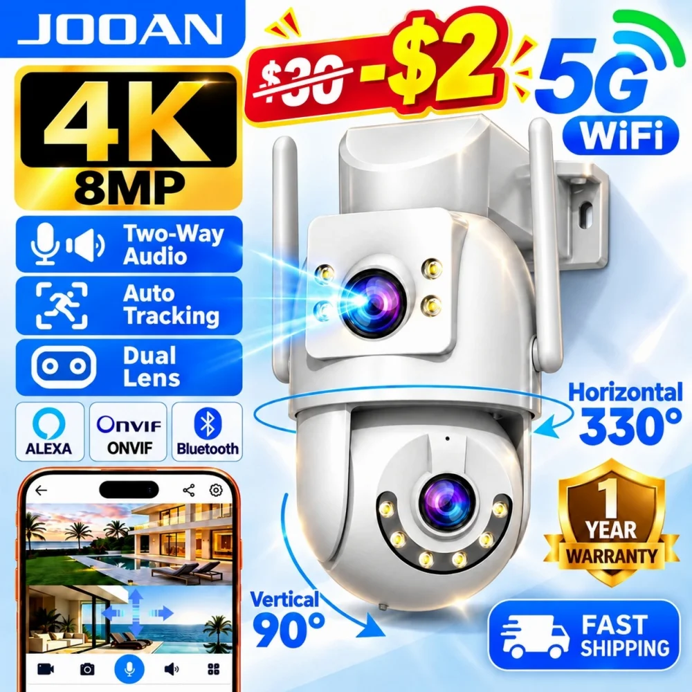 Jooan 4K 8MP HD Wifi PTZ Camera Outdoor 5G Wifi Dual Lens Security IP Cameras 5X Zoom AI Tracking ONVIF CCTV Surveillance Camera