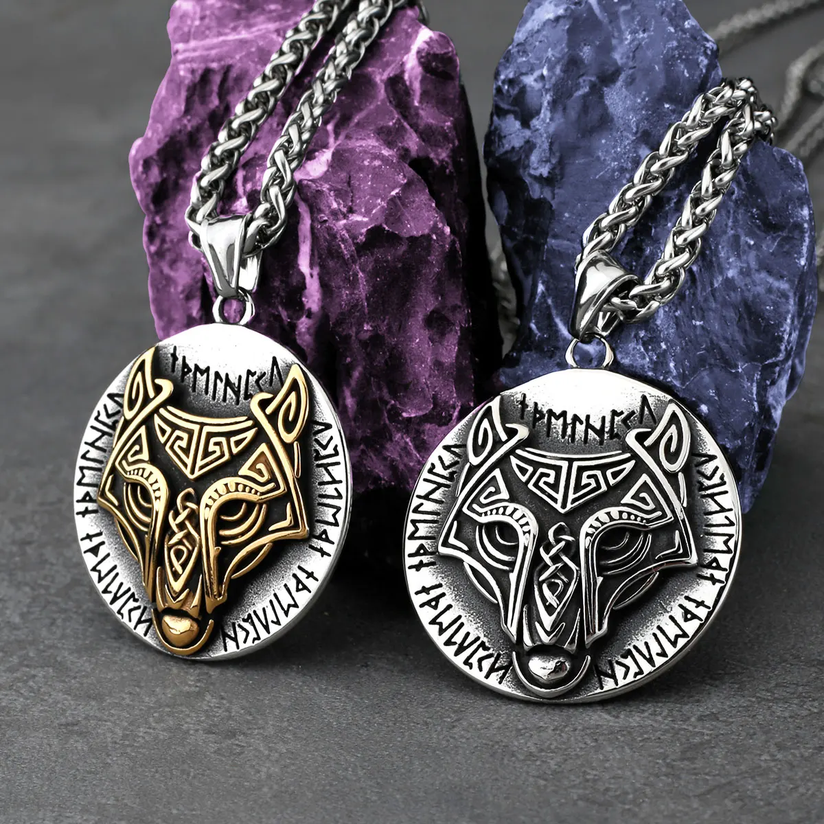 Stainless Steel Viking Mixed Gold Color Wolf Head Rune Necklace Men Retro Fashion Odin Amulet Pendant Biker Jewelry Wholesale