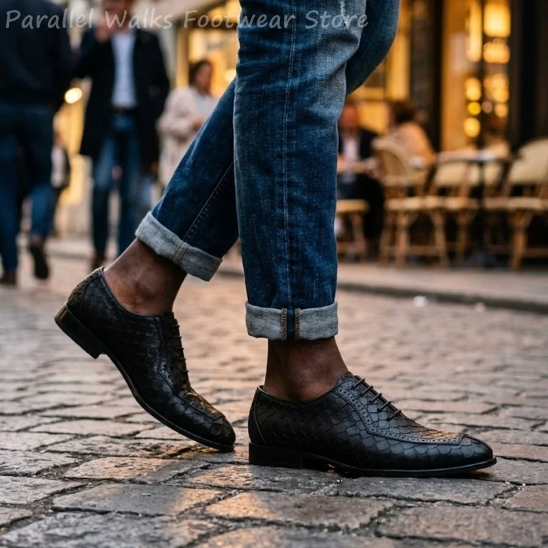 Sartorial Men Oxfords Fish Scale Embossed Leather Brogue Wingtip Pointed Toe Lace Up Formal Business Derby Wedding Shoes Oxfords view 4