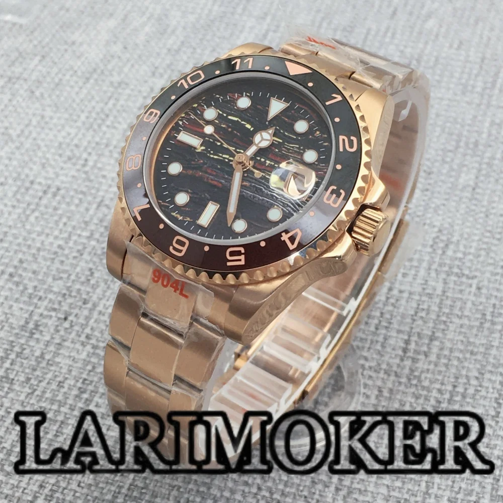 LARIMOKER 41MM NH35 Rose Gold Men‘s Mechanical Watch Sapphire Glass Ceramic Bezel Meteorite Texture Luminous Waterproof Watch