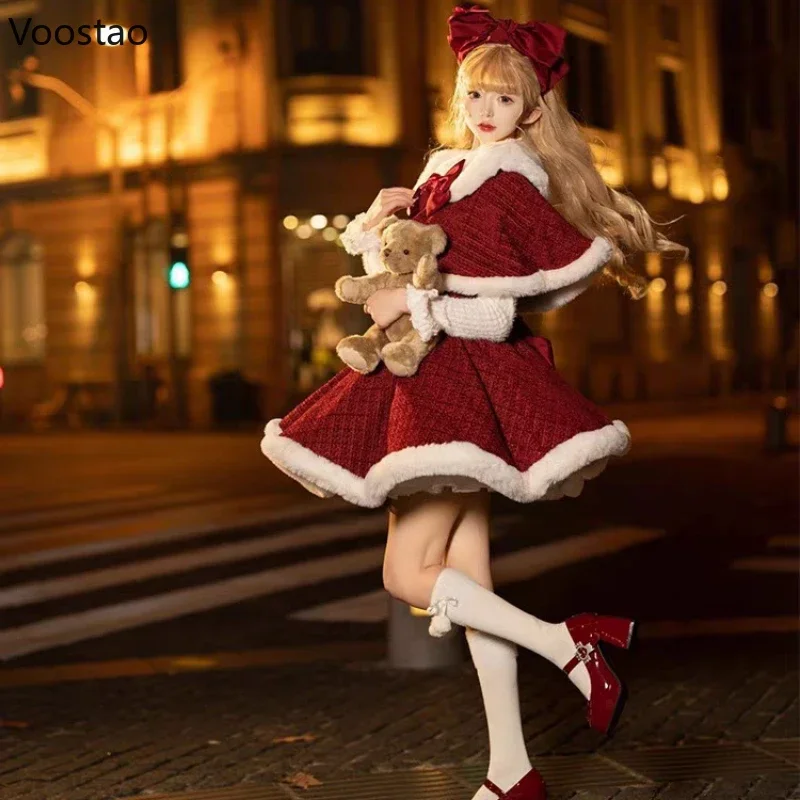 Autumn Winter Christmas Red Dress Sets Women Sweet Bow Plush Shawl Short Jackets Mini Skirts Suit Kawaii New Year 3 Piece Set