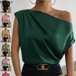 2026 Women's Freeacy Collar One-Shoulder Asymmetric Loose Satin Blouses Shirts Tanks Ladies' Spring Summer Elegant Shirt Tops