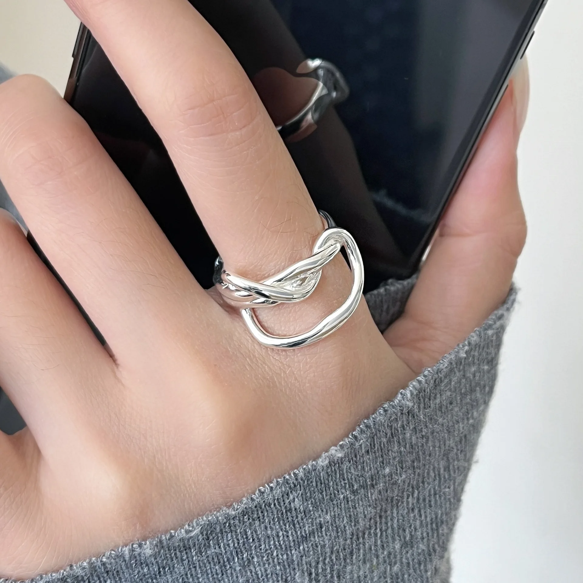 PANJBJ 925 Sterling Silver Irregular Rings for Women Line Hollow Out Design Punk Hip Hop Jewelry Gift Prevent Allergy Wholesale